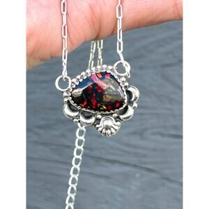 Red Fire Opal Sterling Silver Necklace 16-18” Artisan Southwest Boho Pendant